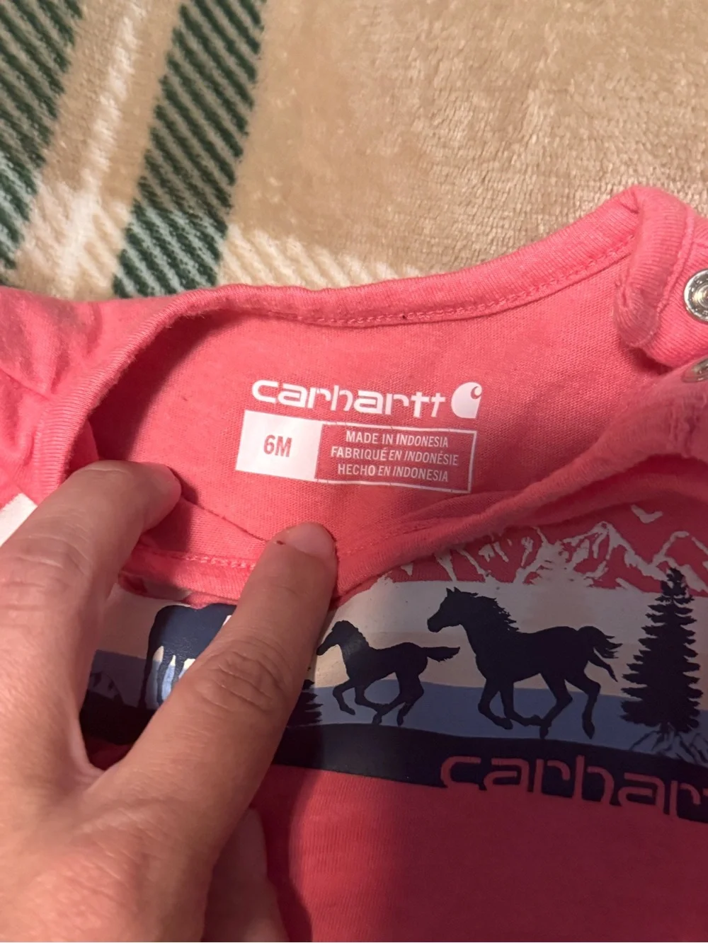 Carhartt Coral Pink Long-Sleeve Baby One-Piece with Horse Graphic